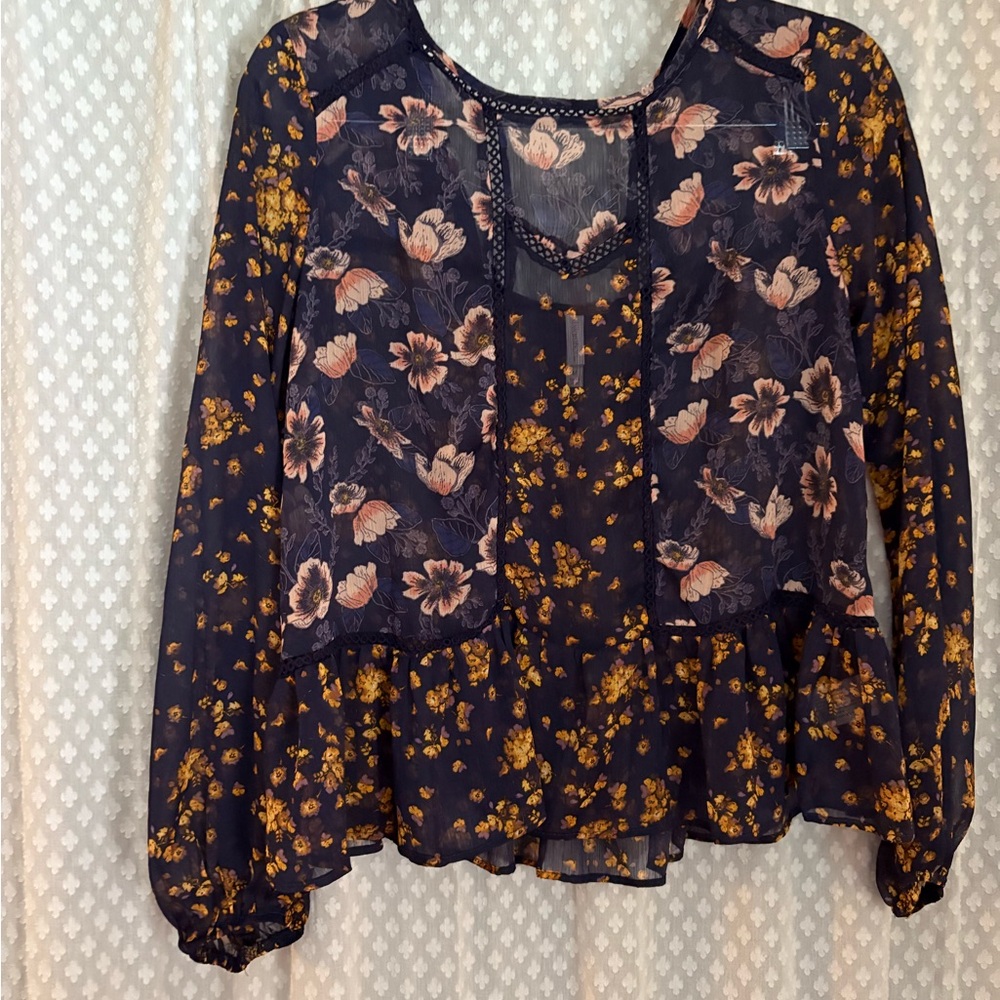 Xhilaration Navy Floral Sheer Blouse